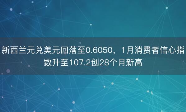 新西兰元兑美元回落至0.6050，1月消费者信心指数升至107.2创28个月新高